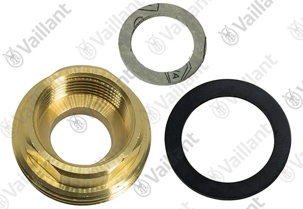 Vaillant Anschlussstück aus Messing mit Gewinde und Dichtungen, bestehend aus einer metallischen Unterlegscheibe und einer schwarzen Gummidichtung.